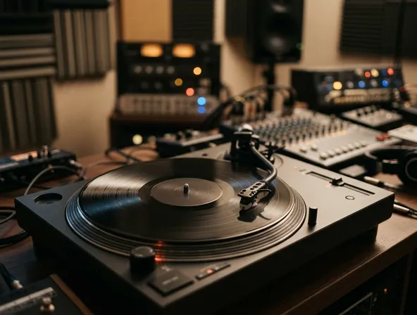 Vinyl record on turntable, soft focus background, music production aesthetic
