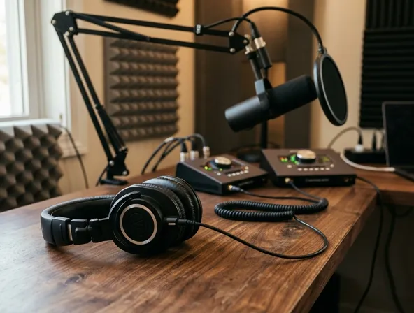 Headphones on wooden desk with recording equipment blurred behind, podcast setup