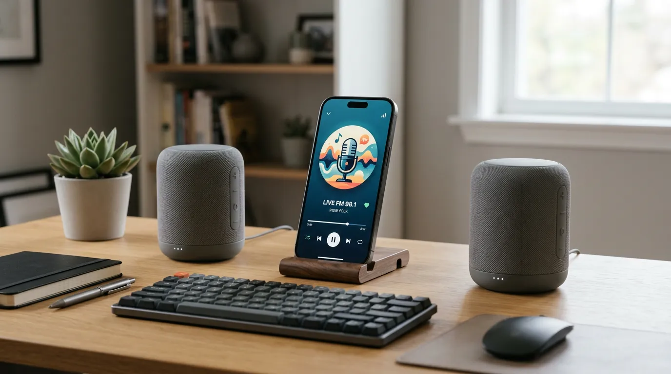 Smartphone displaying radio streaming app with speakers beside it, modern devices, clean workspace