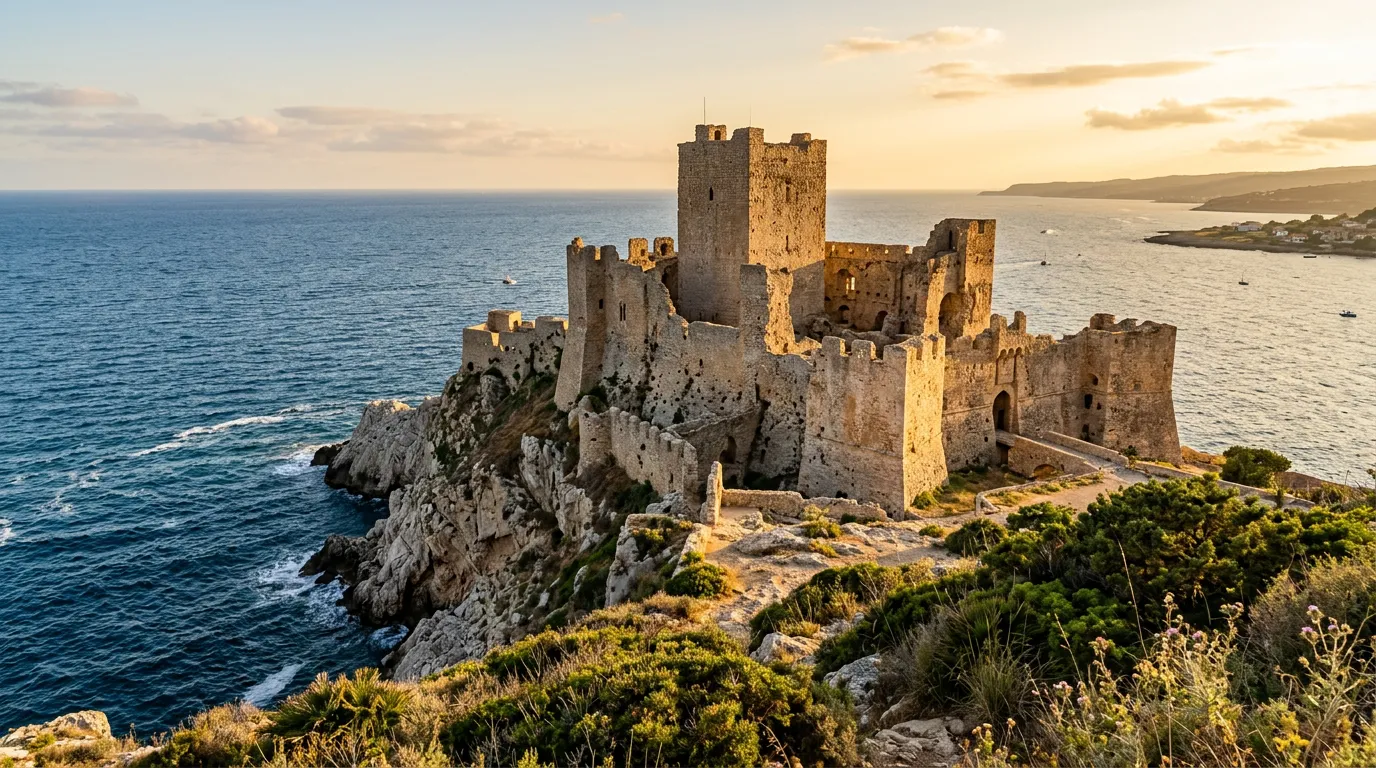 Ancient coastal castle ruins overlooking Mediterranean sea, golden sunlight, historic architecture