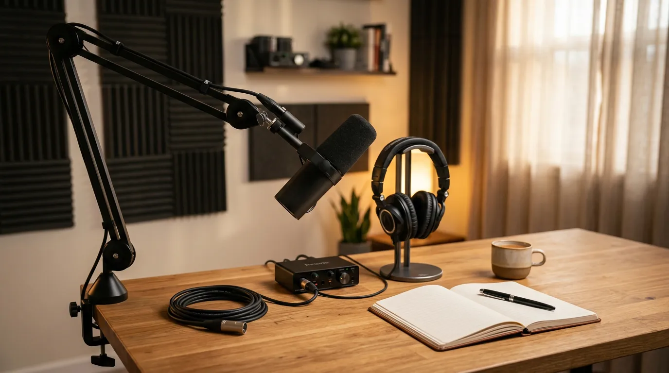 Professional podcast recording setup with microphone, headphones and notebook, clean desk, soft studio lighting